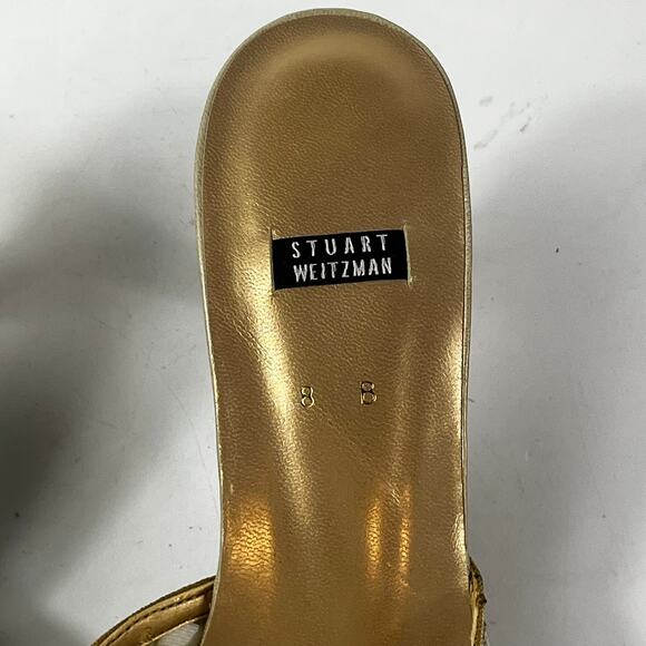Stuart Weitzman Womens 8B Shoes Heels Slip-On Mules Formal Lacework Brown Gold - Picture 7 of 12